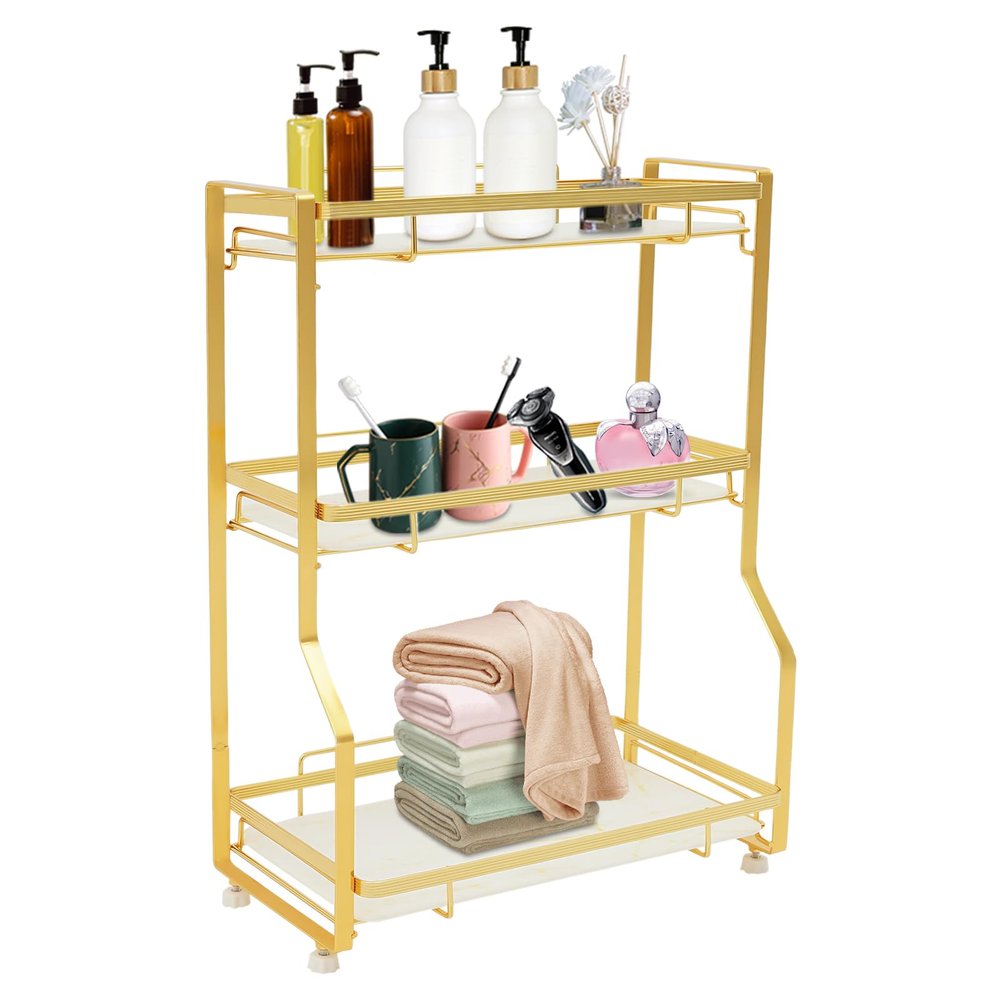 3 Tier Bathroom Countertop Organizer Gold Marble Vanity Storage Shelf with High Load Capacity 22.05 lbs Per Tier Easy Clean Removable Design Modern Luxury Style for Toiletries Makeup Products