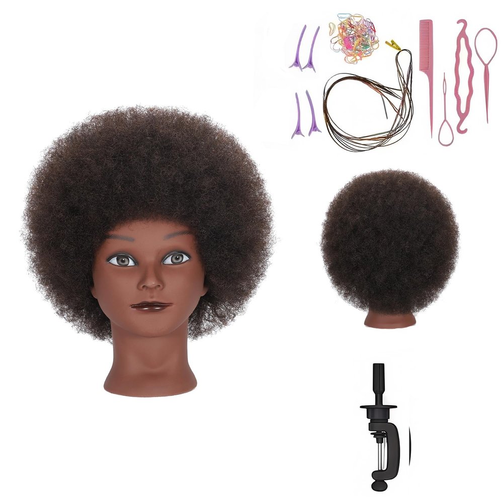 100% Real Hair Mannequin Head Training Head Manikin Cosmetology Doll Head for Hairdresser Practice Braiding Hair Styling with Clamp stand 8inch