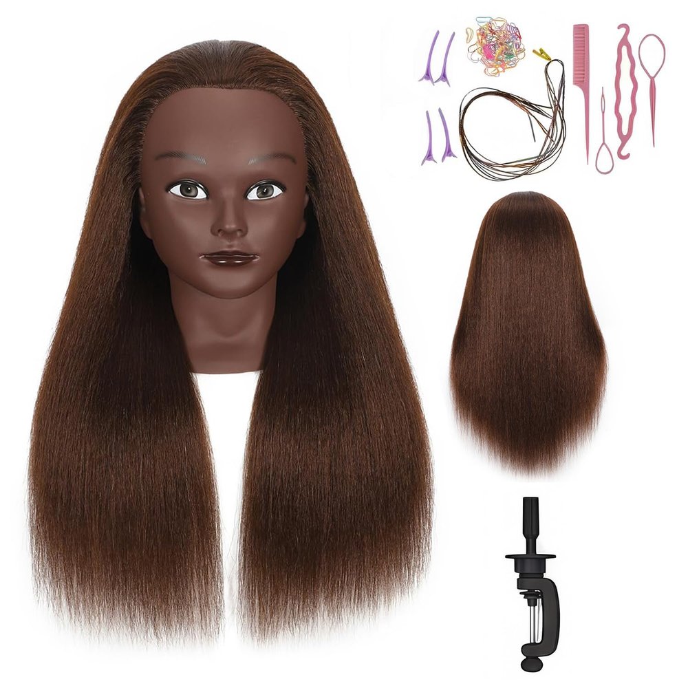 100% Real Hair Mannequin Head Training Head Manikin Cosmetology Doll Head for Hairdresser Practice Braiding Hair Styling with Clamp stand (18inch)