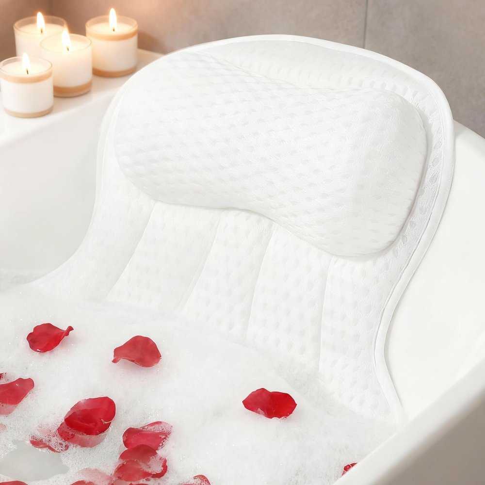 AmazeFan Luxury Bath Pillow,Ergonomic Bathtub Spa Pillow with 4D Air Mesh Technology and 6 Suction Cups,Helps Support Head,Back and Neck,Fits All Bathtub,Hot Tub and Home Spa (US Patent) (White)