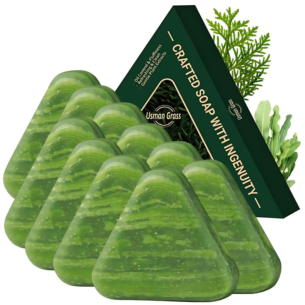 10PCS Nature Triangle Shampoo Bar, Nature Seven Green Soap Shampoo, Usman Grass hampoo Bar, Perfect Solution for Healthy Hair Growth, Calming & Strengthens Hair for Women Mens Reducing Hair Loss