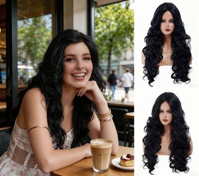 NJJYXH 24 Inches Black Wigs for Women Long Wavy Synthetic Natural Wig for Brunette,Cosplay,Halloween,Daily Use