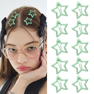 10Pcs Star Hair Clips Snap Hair Barrettes for Women, Y2K Non Slip Star Hair Accessories Cute Metal Small Hair Clips Green
