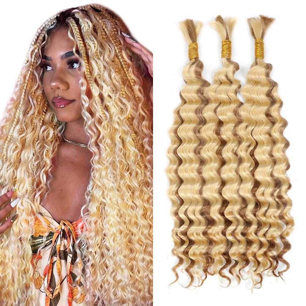 Blonde Human Braiding Hair 24 24 24 inch 150g Honey Blonde Deep Wave Bulk Human Hair for Braiding No Weft 3 Braids Per Pack 27 Mixed With 613 Color