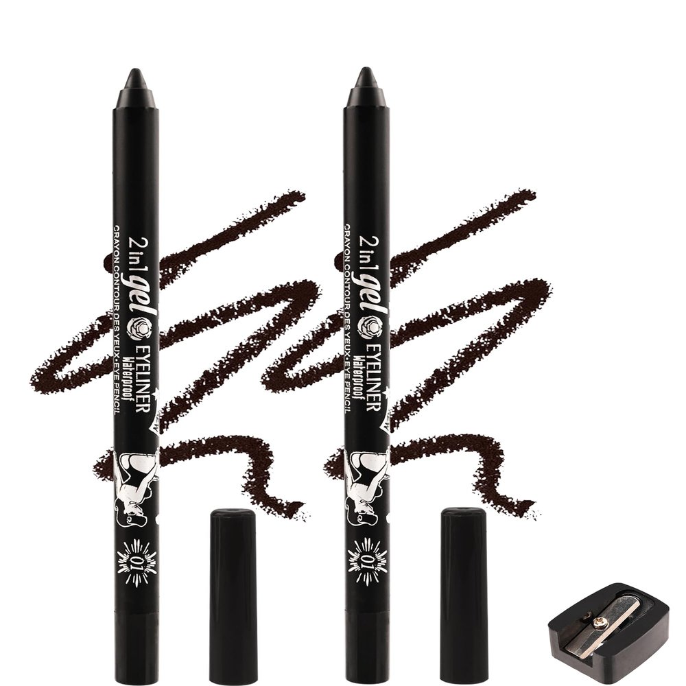2Pcs Black Gel Eyeliner Pencil, Sharpenable Eye Liner Waterproof Smudge proof Long Wear, Matte Gel Cream Smooth Texture, Intense Color Waterline Eyeliner Pen Makeup with Sharpener, Delineador De Ojos