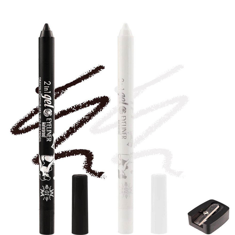 Black White Waterline Eyeliner Gel Pencil, Long Stay Eyeliner Waterline Waterproof Smudge-Proof, Safe for Sensitive Eyes, Eye Liner Brightener Pen with Sharpener, Soft Cream Rich Color Eye Makeup Pen