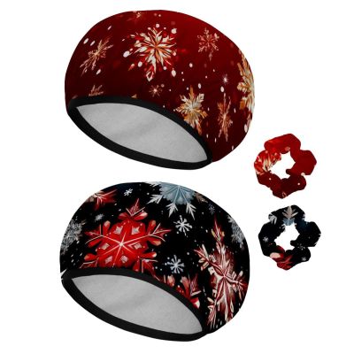 2 Pcs Shower Caps for Women, Polyester Double Side Waterproof Reusable Elastic Bath Caps Hair Hat with Scrunches for Long Hair, Christmas Red Ice Snow