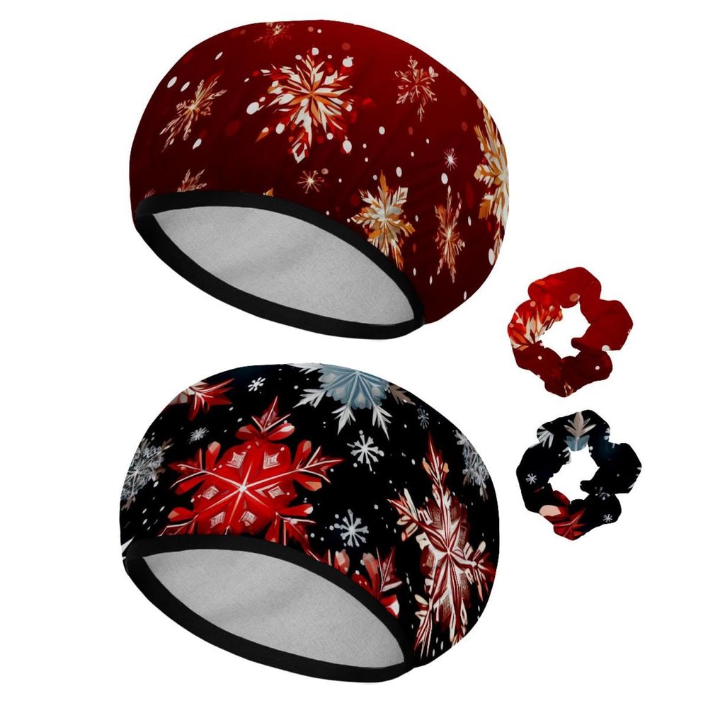 2 Pcs Shower Caps for Women, Polyester Double Side Waterproof Reusable Elastic Bath Caps Hair Hat with Scrunches for Long Hair, Christmas Red Ice Snow