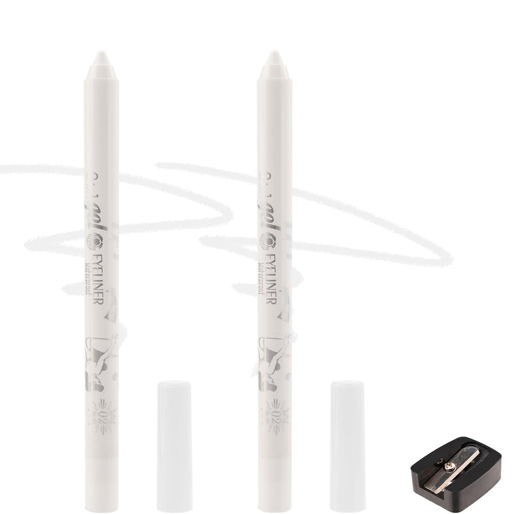 2Pcs White Eyeliner for Waterline, Cream Gel Eyeliner Waterline Waterproof Smudge-Proof Eye Liner Pen, Safe for Sensitive Eyes, Matte Rich Colored Eye Brightener Pen Multi-Use Makeup with Sharpener