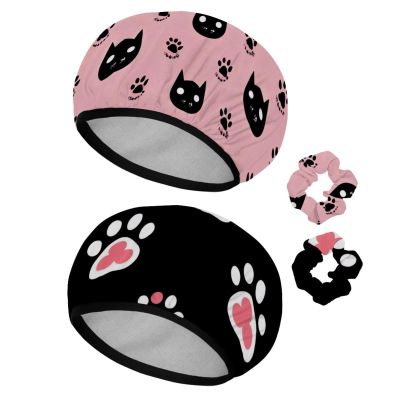 2 Pack Shower Caps for Women, Waterproof Shower Cap Reusable Bath Caps with Hair Scrunchies for Long Thick Hair, Cats Paws