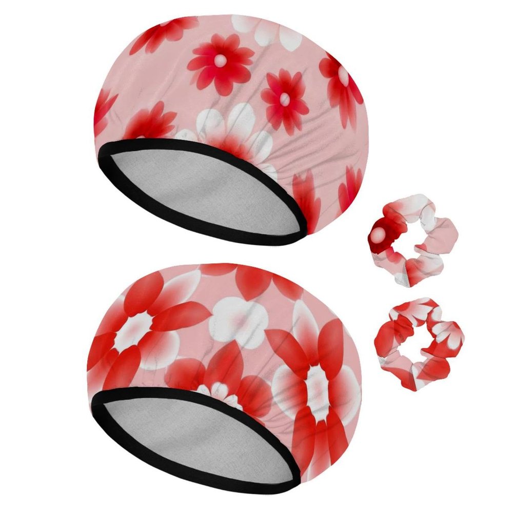 2 Pack Shower Caps for Women, Waterproof Shower Cap Reusable Bath Caps with Hair Scrunchies for Long Thick Hair, Flower