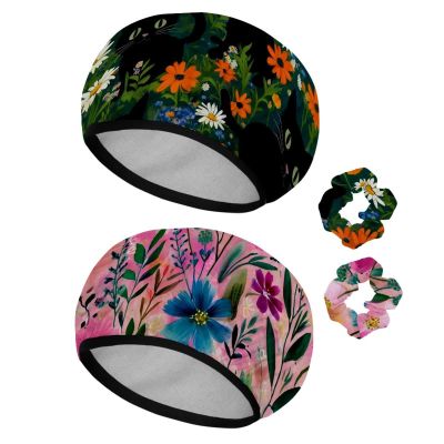 2 Pack Shower Caps for Women, Waterproof Shower Cap Reusable Bath Caps with Hair Scrunchies for Long Thick Hair, Cats Flowers