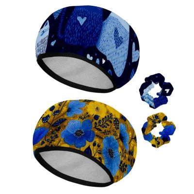 2 Pack Shower Caps for Women, Waterproof Shower Cap Reusable Bath Caps with Hair Scrunchies for Long Thick Hair, Blue Cats
