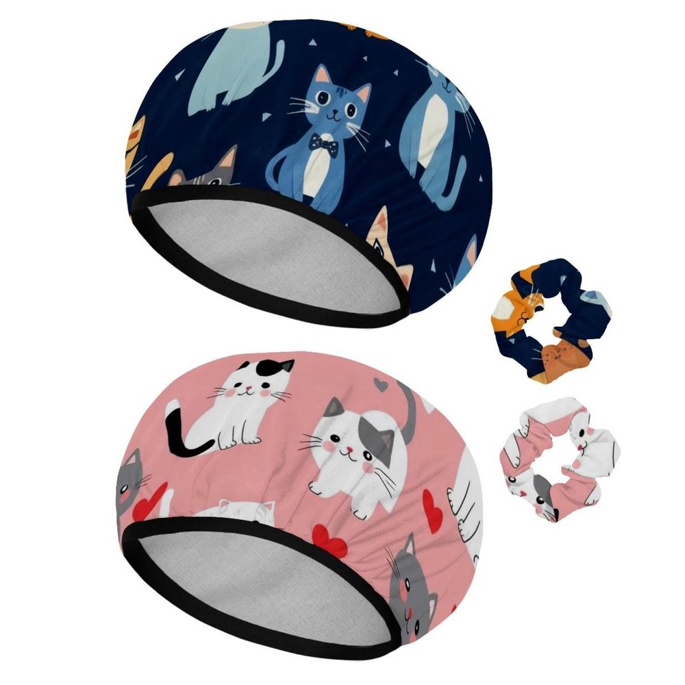 2 Pack Shower Caps for Women, Waterproof Shower Cap Reusable Bath Caps with Hair Scrunchies for Long Thick Hair, Cats