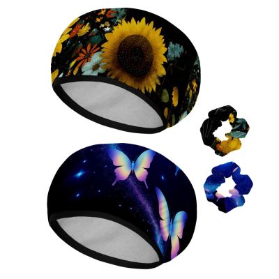 2 Pack Shower Caps for Women, Waterproof Shower Cap Reusable Bath Caps with Hair Scrunchies for Long Thick Hair, Black Cat Sunflower