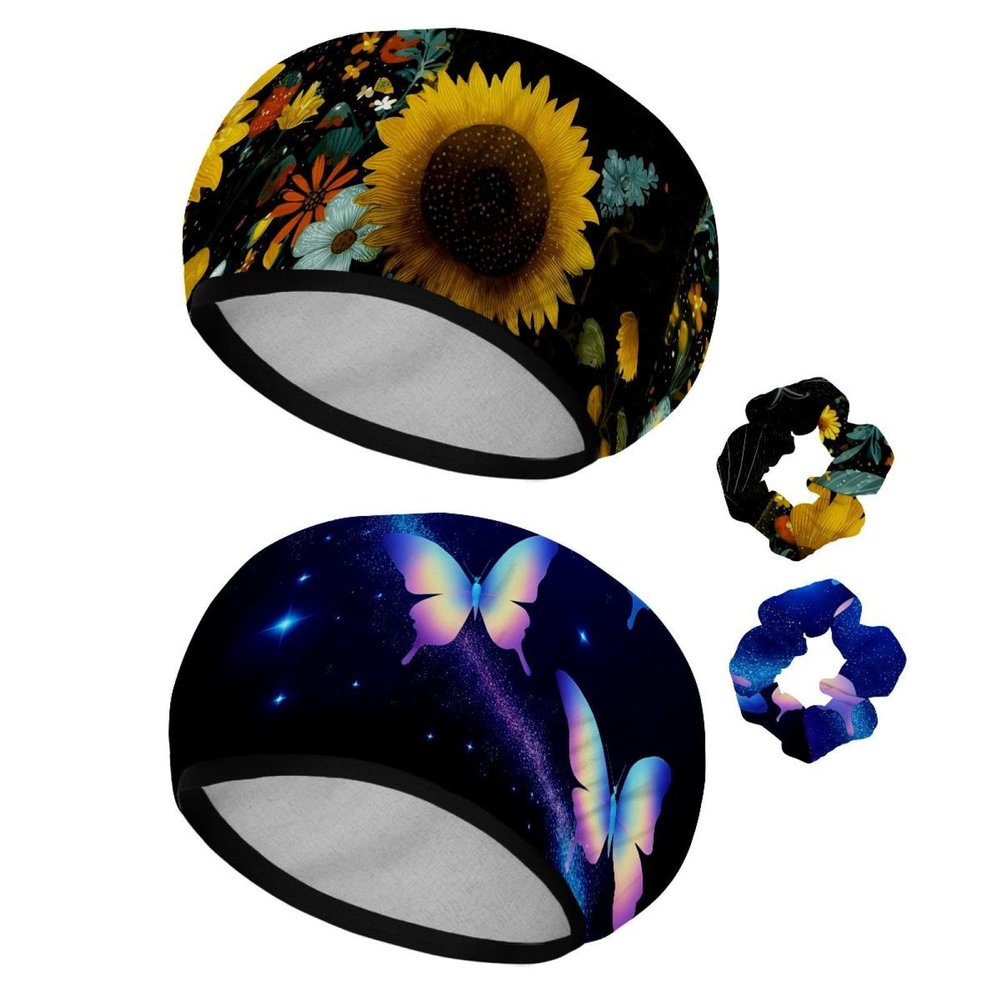 2 Pack Shower Caps for Women, Waterproof Shower Cap Reusable Bath Caps with Hair Scrunchies for Long Thick Hair, Black Cat Sunflower