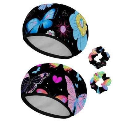 2 Pack Shower Caps for Women, Waterproof Shower Cap Reusable Bath Caps with Hair Scrunchies for Long Thick Hair, Rainbow Butterflies