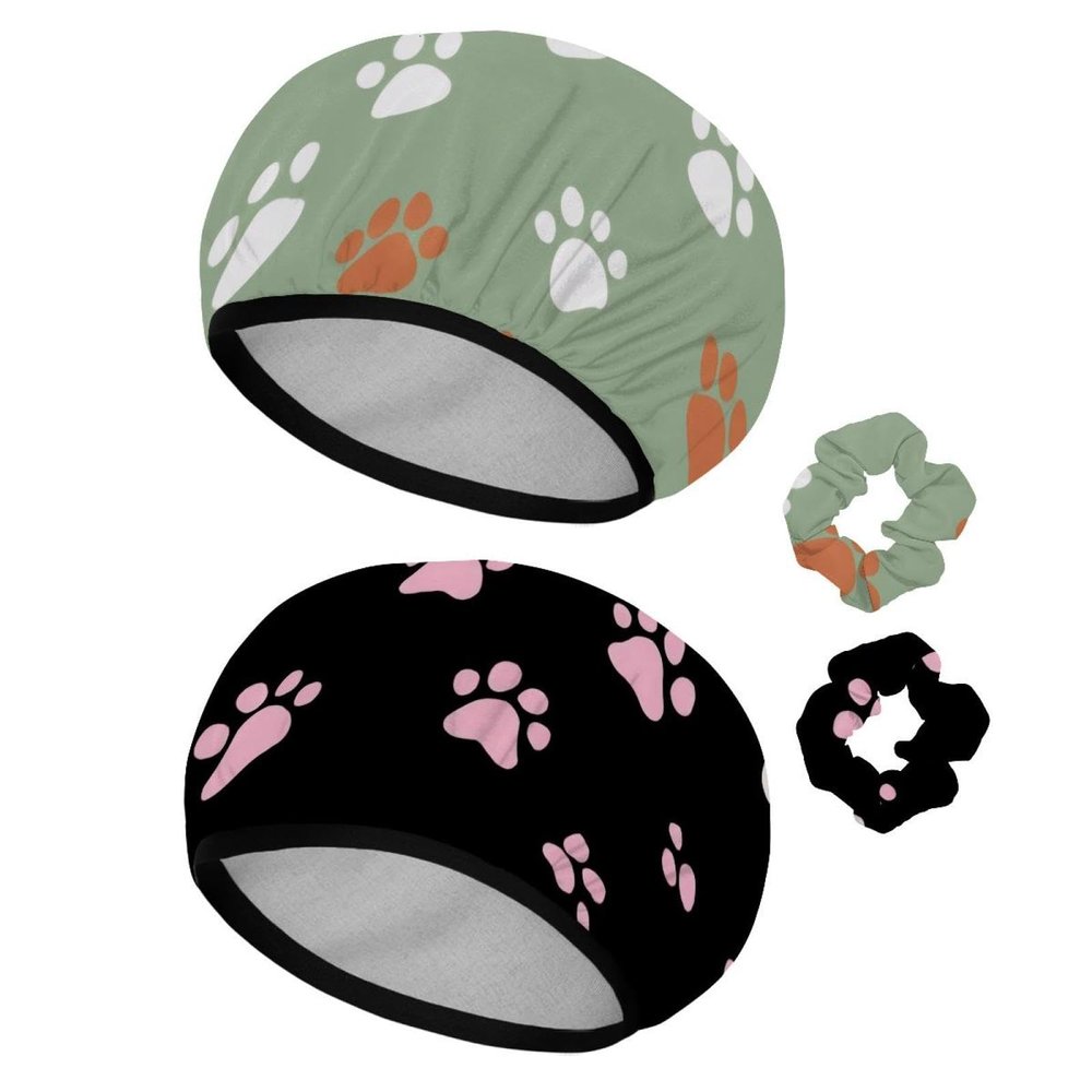 2 Pack Shower Caps for Women, Waterproof Shower Cap Reusable Bath Caps with Hair Scrunchies for Long Thick Hair, Dog Cat Paw