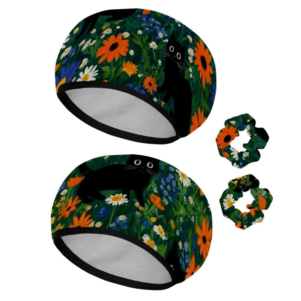 2 Pack Shower Caps for Women, Waterproof Shower Cap Reusable Bath Caps with Hair Scrunchies for Long Thick Hair, Cat Flower