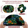 2 Pack Shower Caps for Women, Waterproof Shower Cap Reusable Bath Caps with Hair Scrunchies for Long Thick Hair, Cat Flower view 3