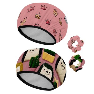2 Pack Shower Caps for Women, Waterproof Shower Cap Reusable Bath Caps with Hair Scrunchies for Long Thick Hair, Crowns