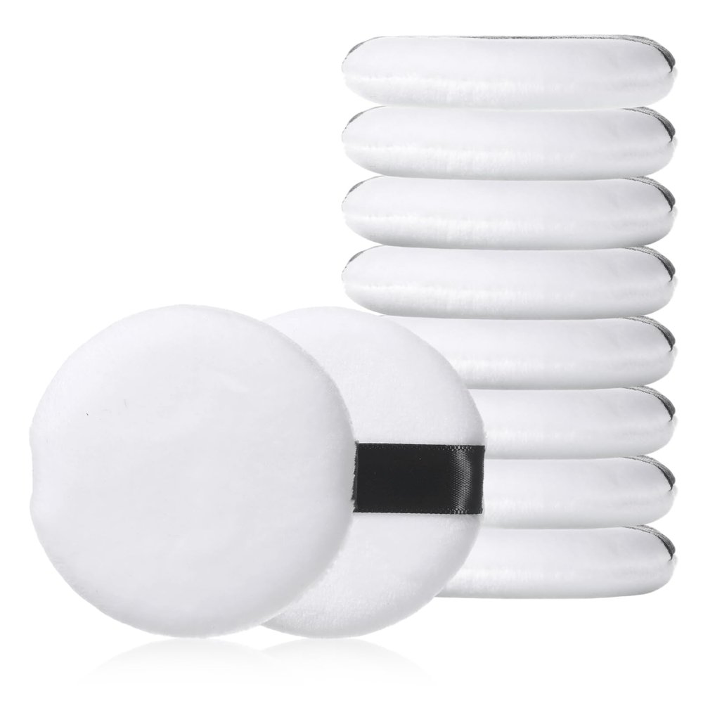 10 Pcs Round Velour Face Makeup Compact Powder Puff Velour Makeup Puffs with Strap Cotton Round Face Body Powder Puffs Washable Cosmetic for Loose and Pressed Powders