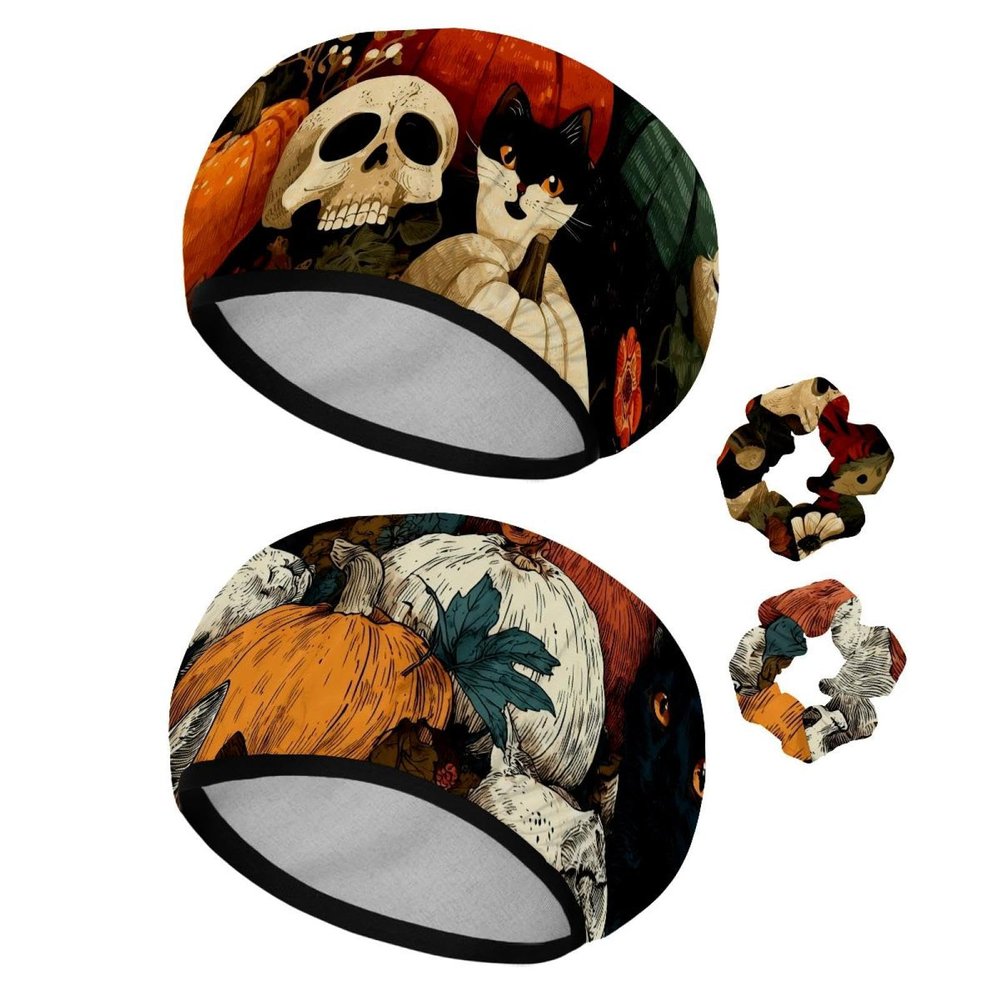 2 Pack Shower Caps for Women, Waterproof Shower Cap Reusable Bath Caps with Hair Scrunchies for Long Thick Hair, Pumpkin Cats Skull