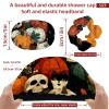 2 Pack Shower Caps for Women, Waterproof Shower Cap Reusable Bath Caps with Hair Scrunchies for Long Thick Hair, Pumpkin Cats Skull view 3