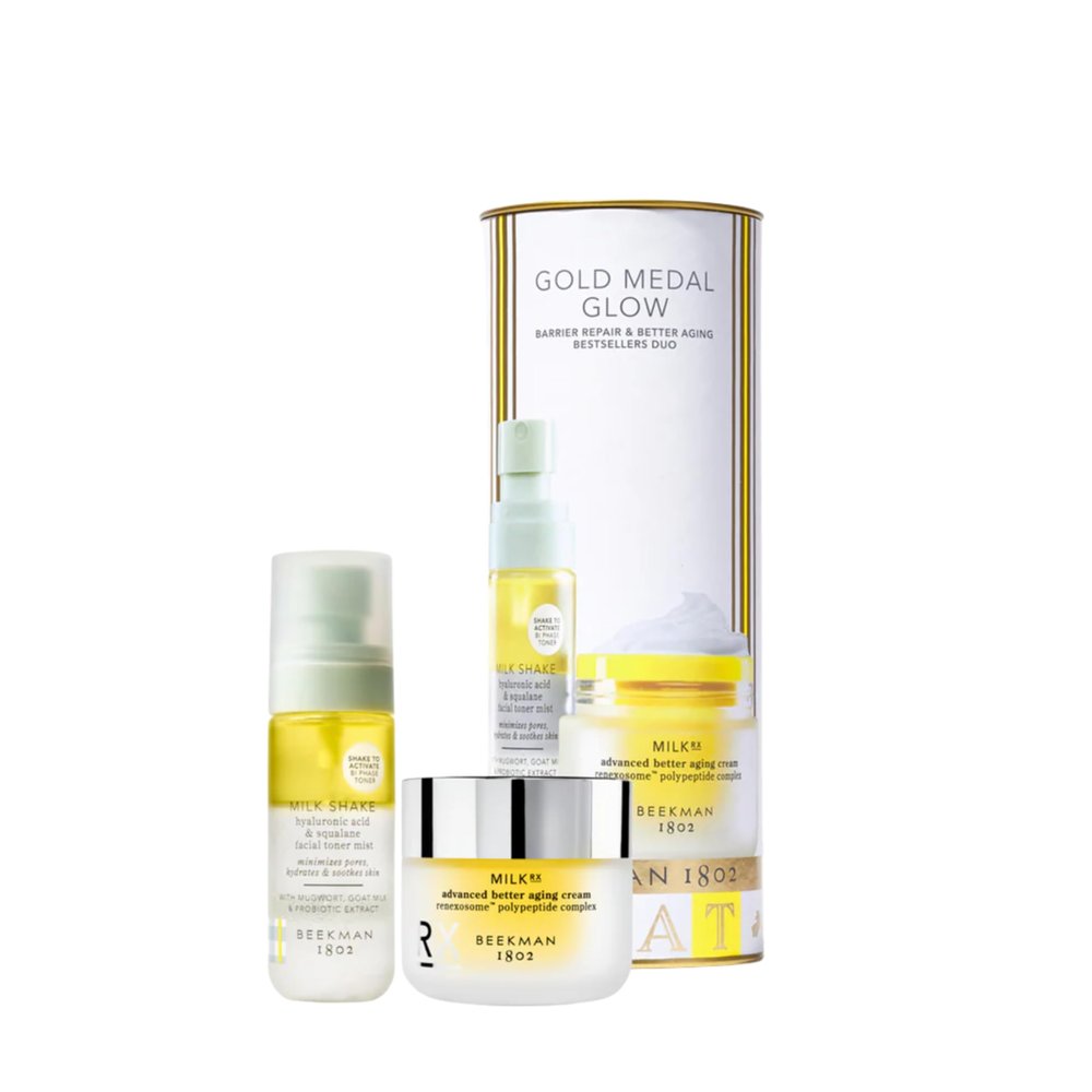 Beekman 1802 Gold Medal Glow Gift Set 2-Piece Skincare Set Featuring Milk RX Advanced Better Aging Cream (1.69 fl oz) & Mini Milk Shake Hyaluronic Toner Mist (2 fl oz)