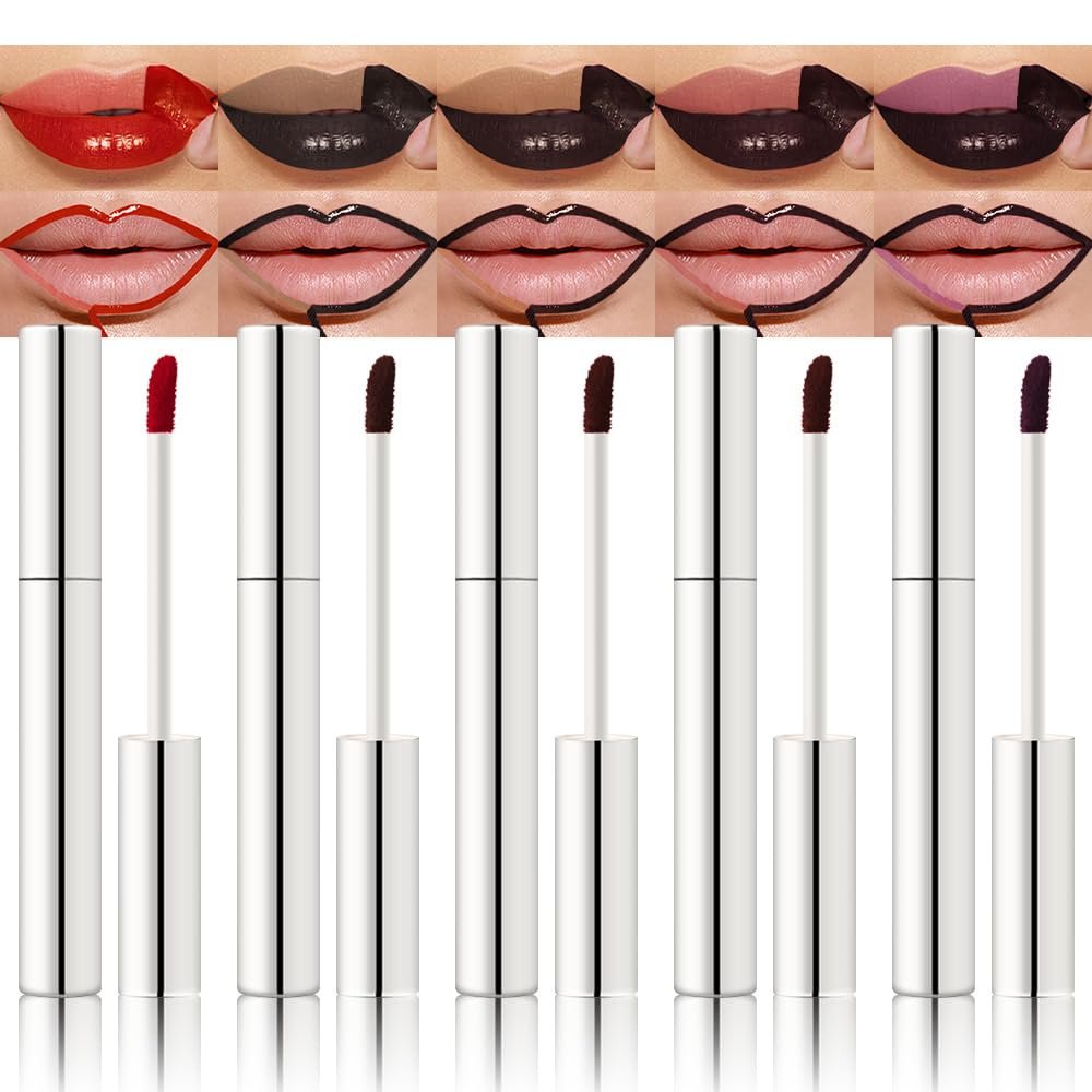 5Pcs Quick Drying Peel off Lip Liner Stain Set for Conturing Filling Lips, Maroon Plum Coral Dark Brown Chestnut Matte Lip Stain Peel off Lipstick, Lips Tattoo Makeup Not Faded no Transfer Lipgloss