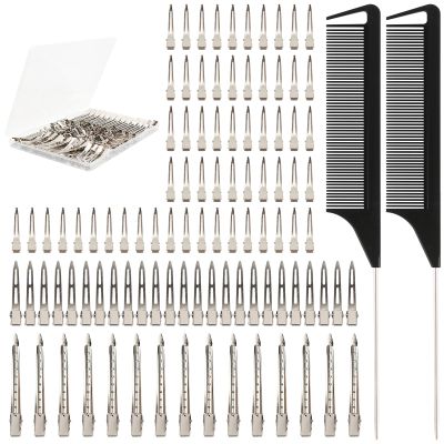 100 PCS Silver Metal Alligator Clips 3 Sizes,Curling Clip, Hair Styling, And Item Fixation, DIY Accessories. Two Distribution Combs for Braids, Coloring and Styling