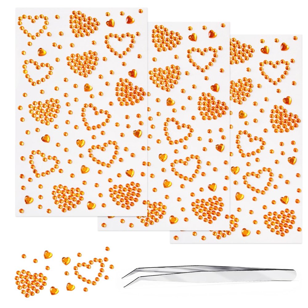3 Sheets Face Gems Jewels Self Adhesive Orange Heart Rhinestone Stickers for Face Eyes Makeup Hair Body Stick on Rhinestones Stickers for Valentine Festival Decal Decor