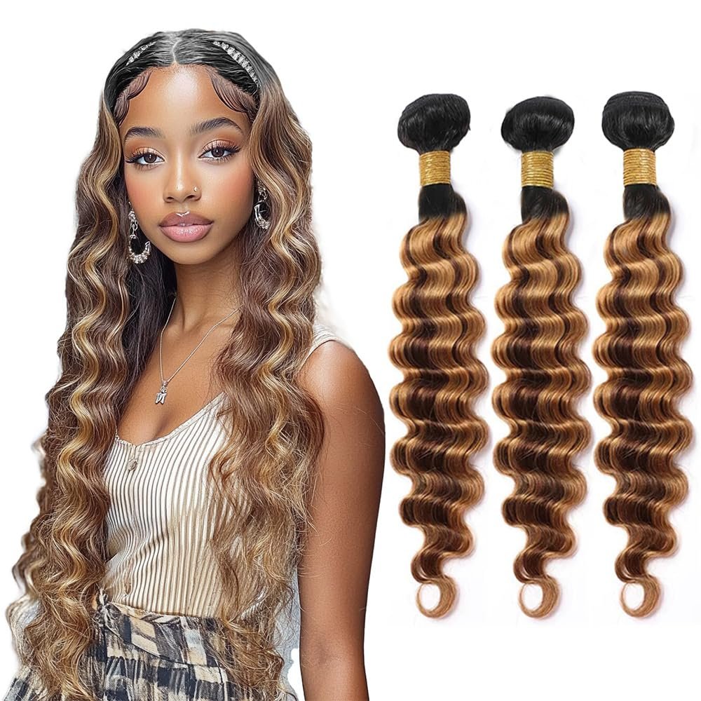 10 12 14 inch Highlight Deep Wave Bundles Human Hair P4/27 Brown and Blonde Bundles Deep Wave Human Hair #4 & #27 Color Track Mix Brazilian Hair Sew-In Extensions