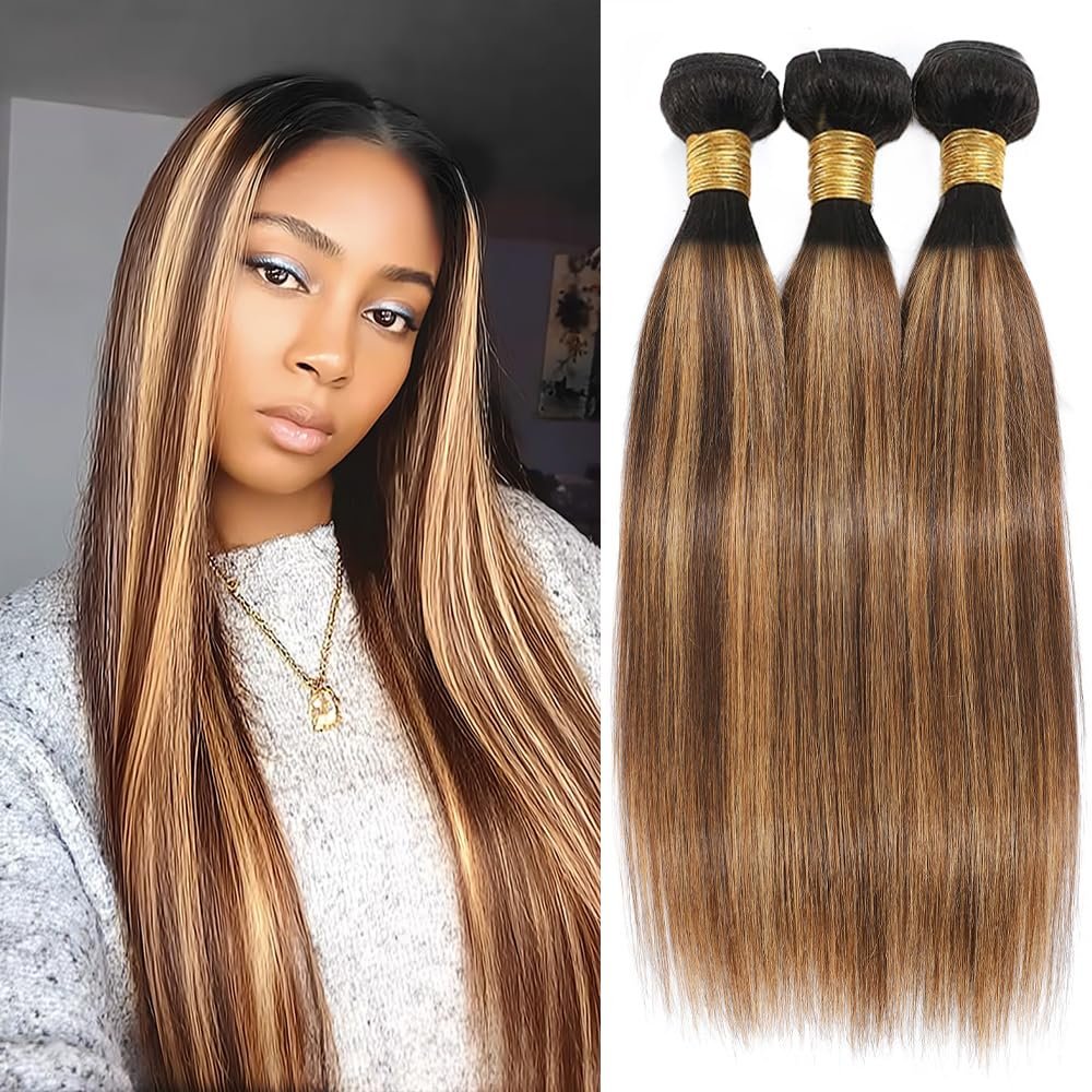 10 12 14 inch Highlight Straight Bundles Human Hair P4/27 Brown and Blonde Bundles Straight Human Hair #4 & #27 Color Track Mix Brazilian Hair Sew-In Extensions