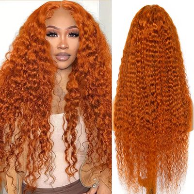 YINGRUN Curly Human Hair Wig 136 Deep Wave Lace Front Wigs Human Hair 180 Density Deep Wave Wigs with Hairline Ginger Wig Human Hair 350# Colored 24 Inch
