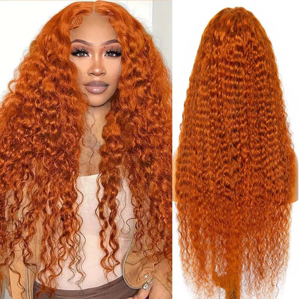 YINGRUN Curly Human Hair Wig 136 Deep Wave Lace Front Wigs Human Hair 180 Density Deep Wave Wigs with Hairline Ginger Wig Human Hair 350# Colored 24 Inch