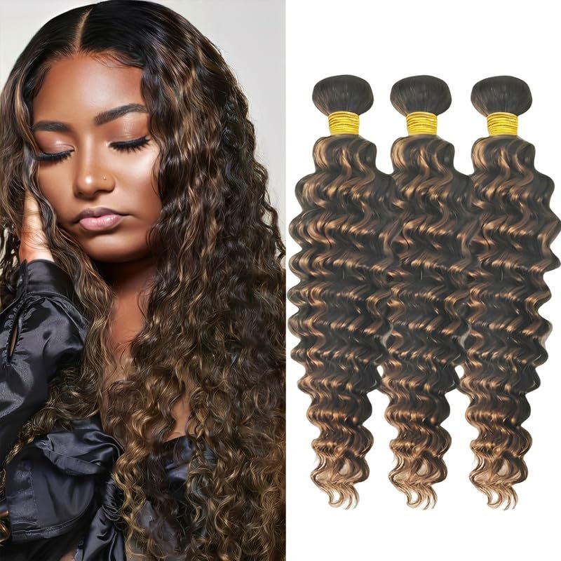 10 12 14Inch Brown Highlight Bundles Deep Wave Bundles Human Hair Human Hair Weave for Black Women Brazilian Virgin Hair 3 BundlesBlack and Light Brown#P1B/30
