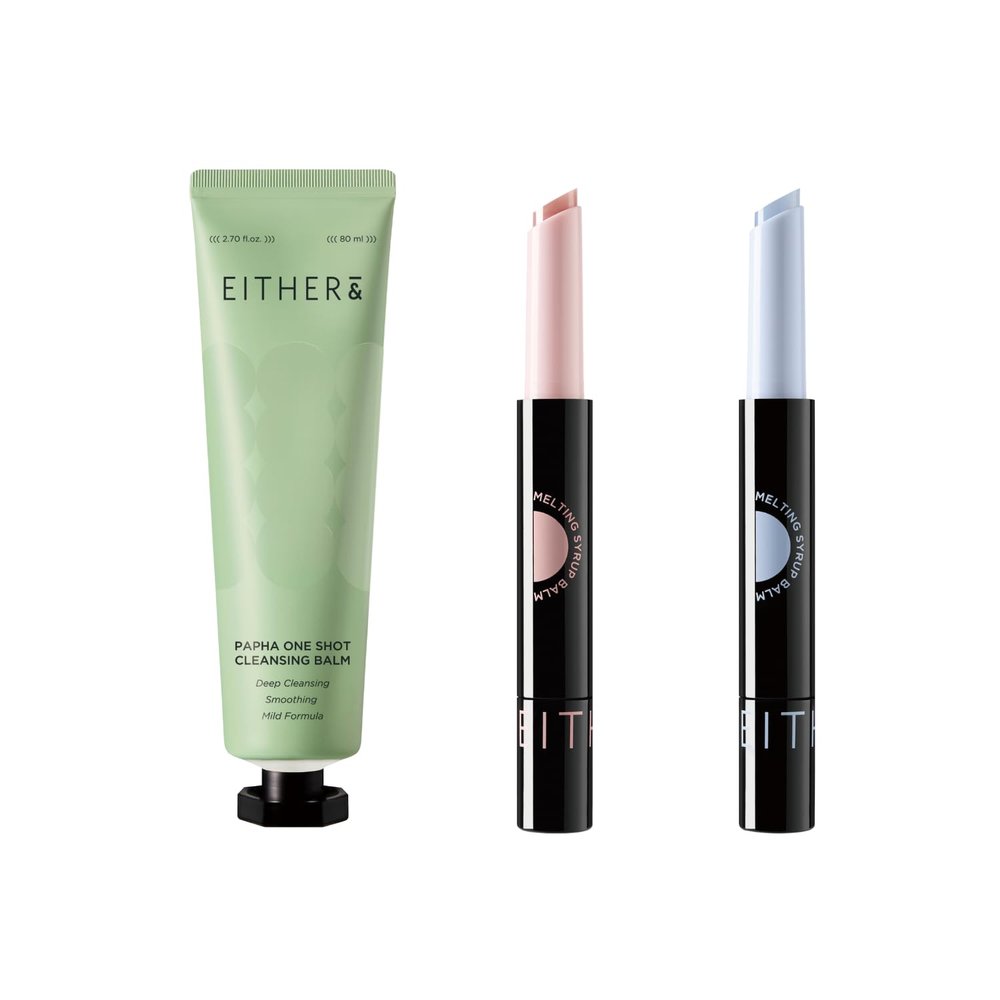 EITHER& PAPHA One Shot Cleansing Balm + Melting Syrup Balm Duo Gentle Hydrating Cleanser & Plumping Glossy Korean Lip Balms (ICY BLUE & SPICY PINK)