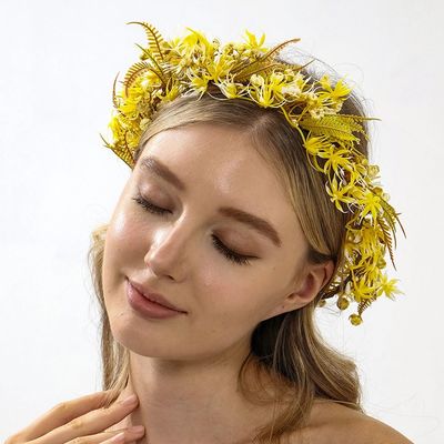Missgrace Floral Crown Women Purple Orange Pink Green Boho Floral Headpiece with Green Leaves Charming Fairy Flower Headband for Wedding Photo Shoot Festivals Headpiece (Yellow)