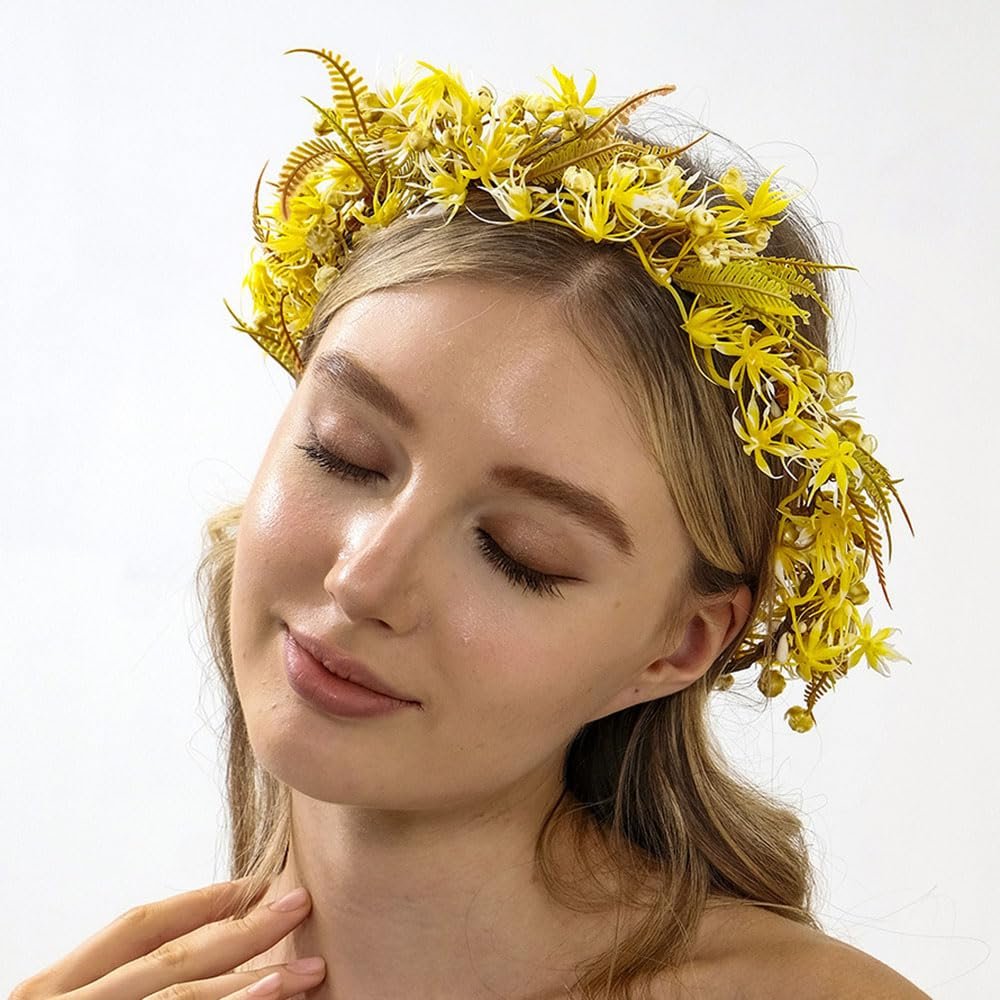 Missgrace Floral Crown Women Purple Orange Pink Green Boho Floral Headpiece with Green Leaves Charming Fairy Flower Headband for Wedding Photo Shoot Festivals Headpiece (Yellow)