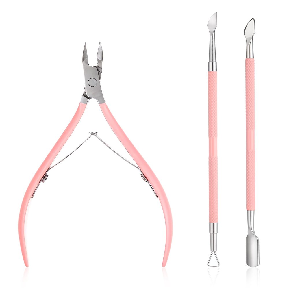 3 Pcs Cuticle Trimmer with Cuticle Pusher, Effortless Nail Cuticle Nipper, Pink Pedicure Manicure Tool, Stainless Steel Dual End Pusher, Sharp Blades Dead Skin Clipper for Fingernails and Toenails