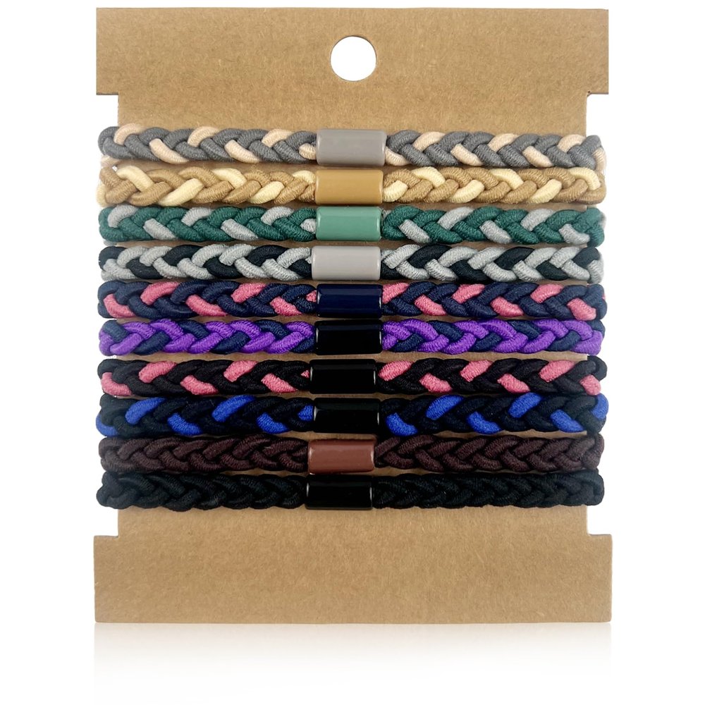 10-Pack Braided Elastic Hair Bands for Curly & Thick Hair No-Crease Coil Ties for Mens Buns & Womens Long Styles