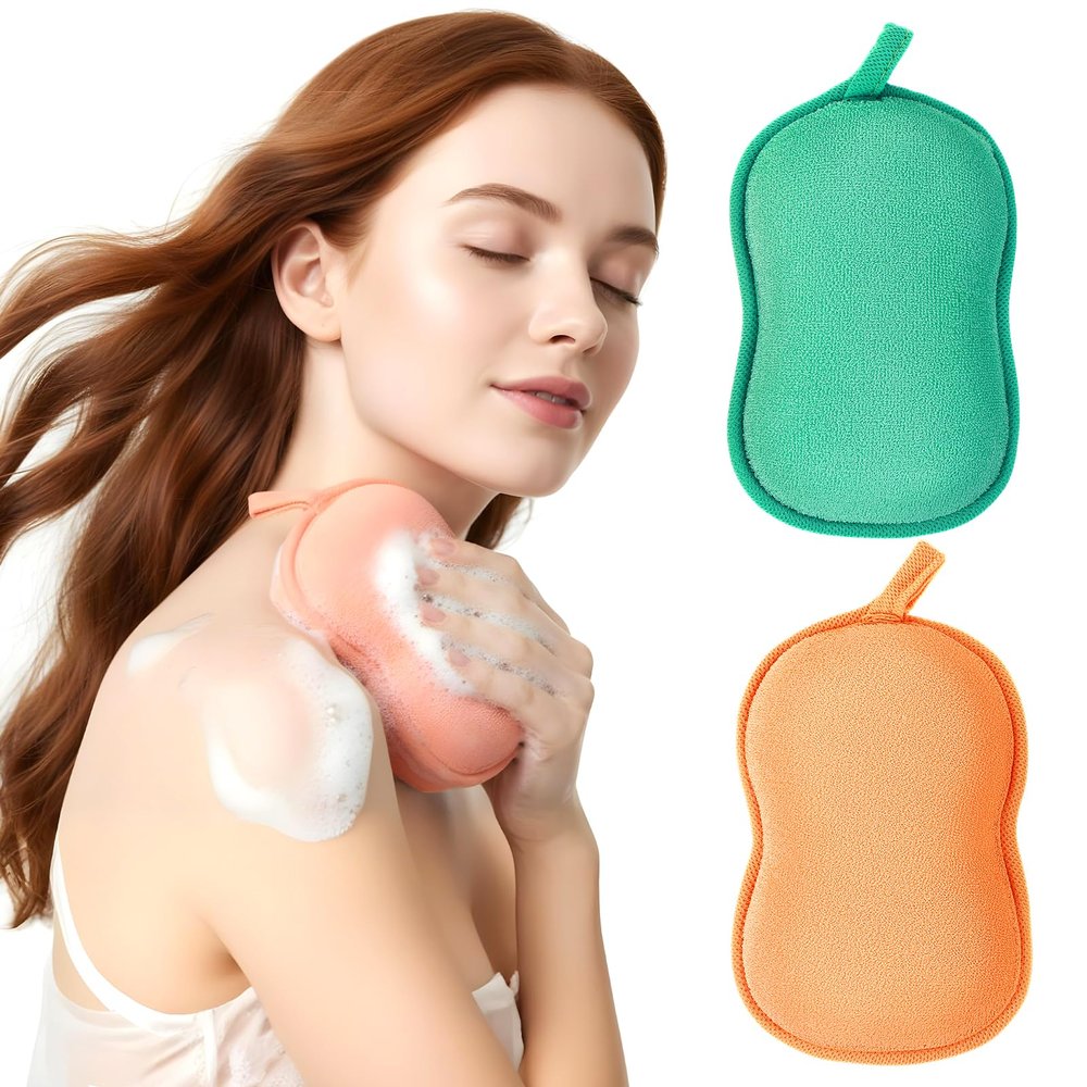 2Pcs Bath Sponge, Ultra Soft Absorbent Sponge for Bathing, Exfoliating Shower Loofah Sponges Bathing Tool for Men Women Body Skin(Green+Orange)