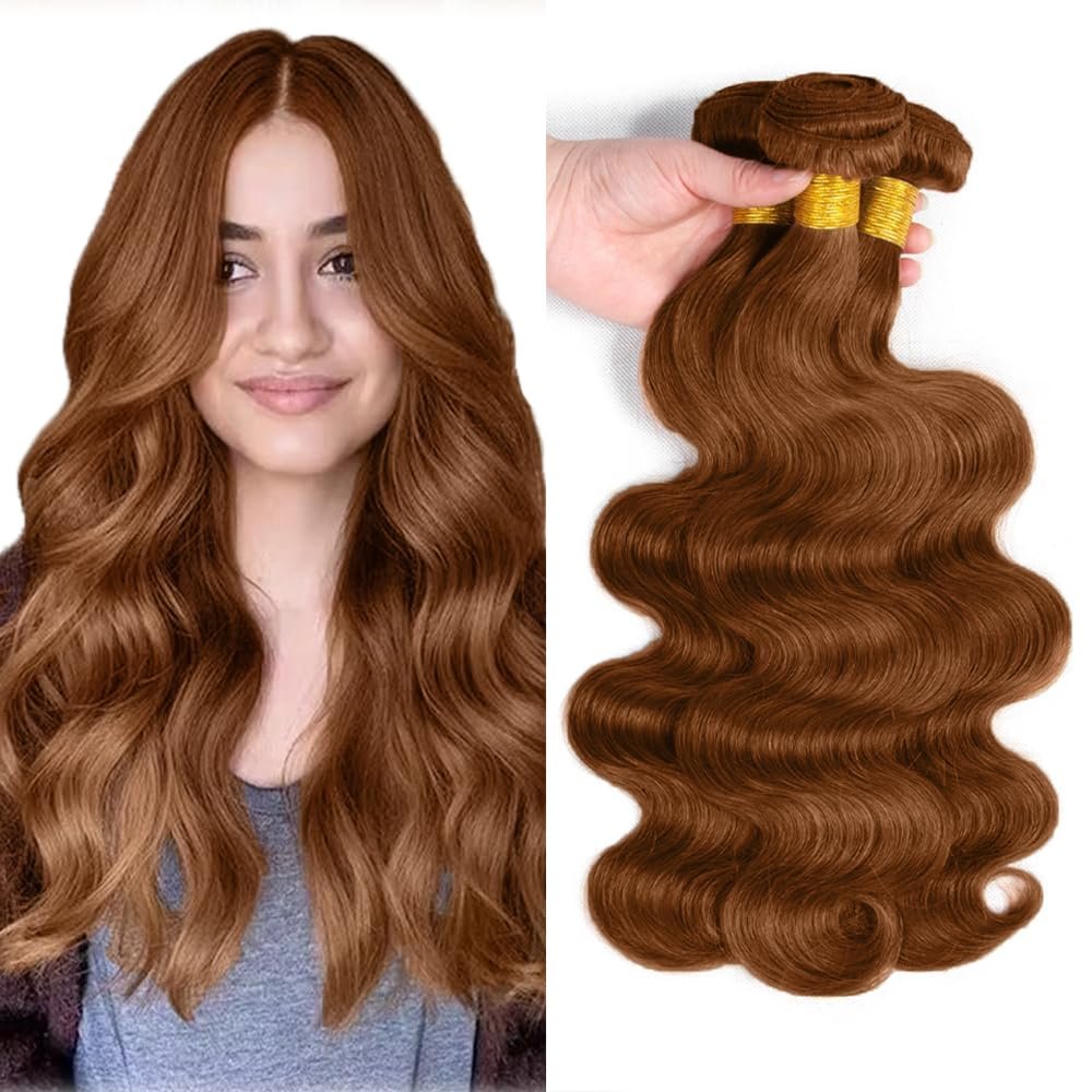 #30 Light Brown Bundles Human Hair Body Wave Bundles 14 14 14 Inch Brown Body Wave Bundle Human Hair Extensions Double Weft Unprocessed Brazilian Virgin Hair 3 Bundle 50 Grams Per Bundle