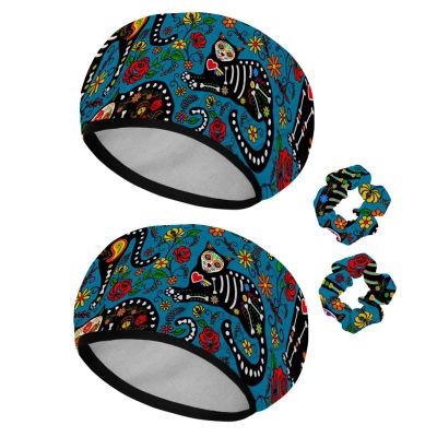 2 PCS Shower Cap for Women, Sugar Skull Black Cats Shower Caps + 2 Satin Scrunchies, Waterproof Bath Caps Elastic and Reusable Hair Cap for Shower