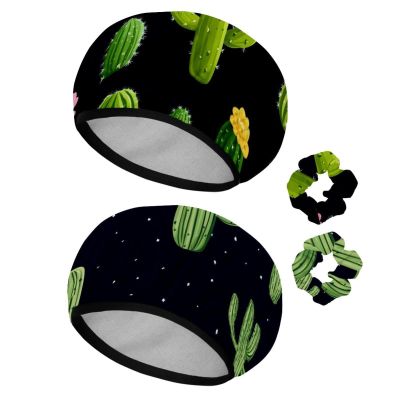 2 PCS Reusable Shower Caps with 2 Satin Scrunchies for Women, Large Waterproof Shower Bonnet Washable Elastic Band Bath Hair Hat for Long Hair, Mexican Cactus (5)