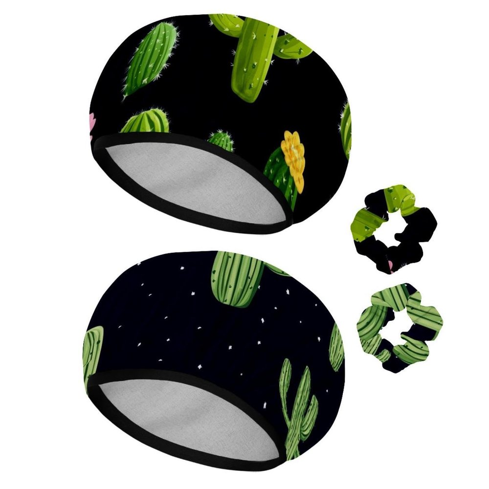2 PCS Reusable Shower Caps with 2 Satin Scrunchies for Women, Large Waterproof Shower Bonnet Washable Elastic Band Bath Hair Hat for Long Hair, Mexican Cactus (5)