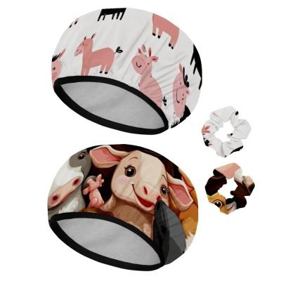2 PCS Reusable Shower Caps with 2 Satin Scrunchies for Women, Large Waterproof Shower Bonnet Washable Elastic Band Bath Hair Hat for Long Hair, Cow pig sheep horse chicken donkey (6)