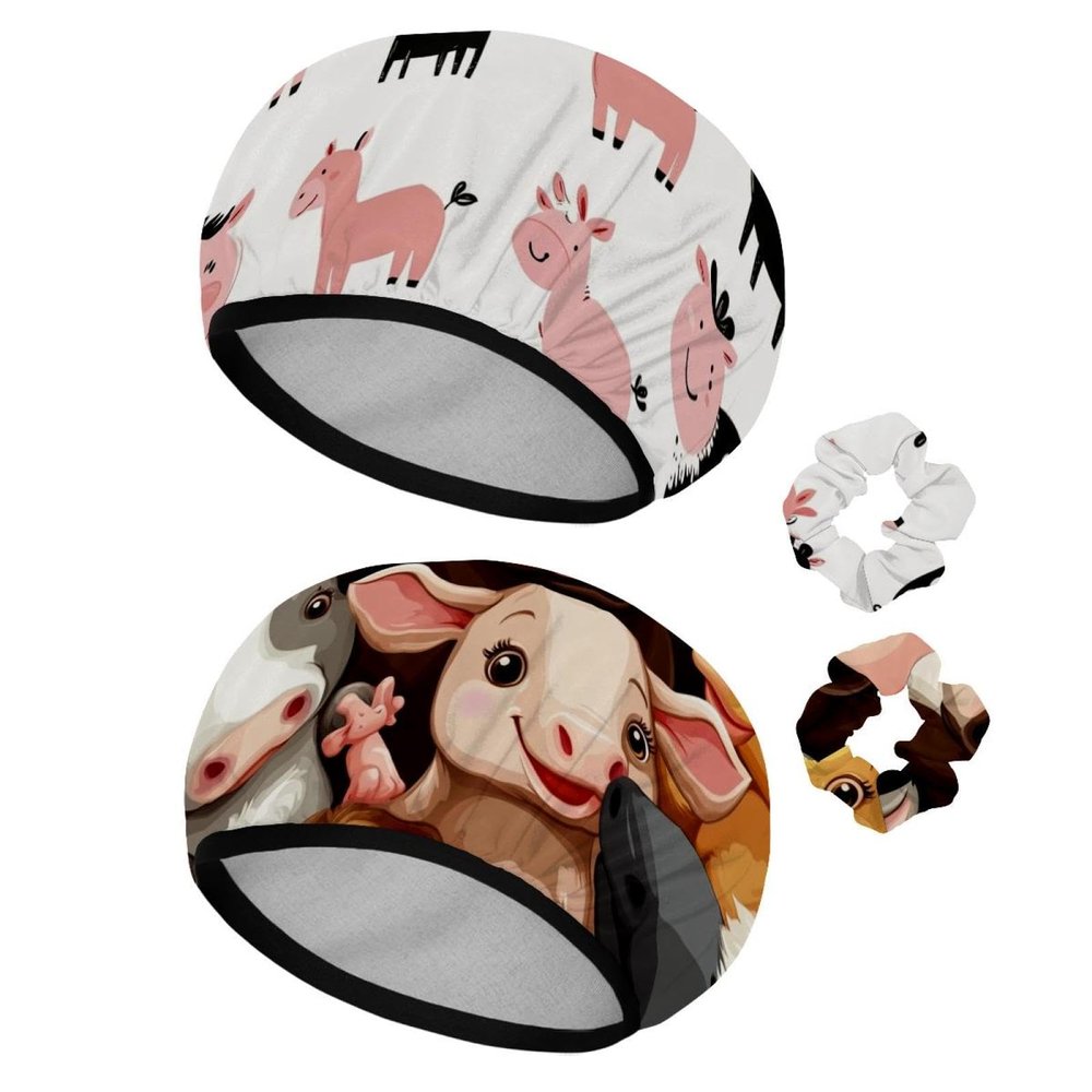 2 PCS Reusable Shower Caps with 2 Satin Scrunchies for Women, Large Waterproof Shower Bonnet Washable Elastic Band Bath Hair Hat for Long Hair, Cow pig sheep horse chicken donkey (6)