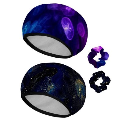 2 PCS Reusable Shower Caps with 2 Satin Scrunchies for Women, Large Waterproof Shower Bonnet Washable Elastic Band Bath Hair Hat for Long Hair, jellyfish in the ocean (2)